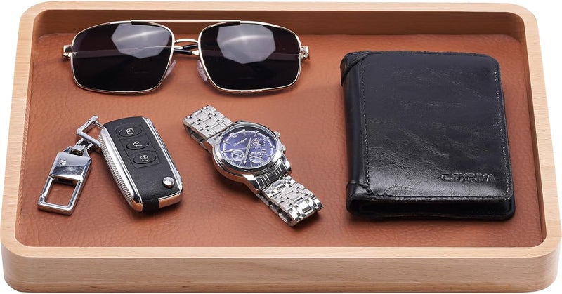 Procase Wooden Valet Tray for Men, Wood Catch-All EDC Organizer, Nightstand, Entryway Bedside Dump Holder, for Wallets, Keys, Watches, Phones, Loose Change, Trinkets -LightBrown - Image 1